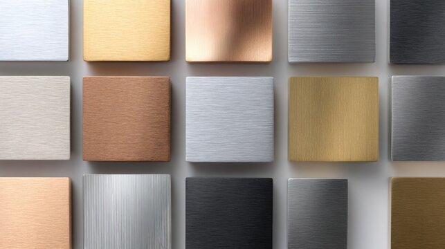 top view organized grid of industrial metals samples including brushed stainless steel copper brass aluminum iron and titanium plates arranged