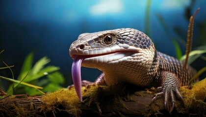 Naklejka premium Savannah monitor lizard with its tongue out in nature.