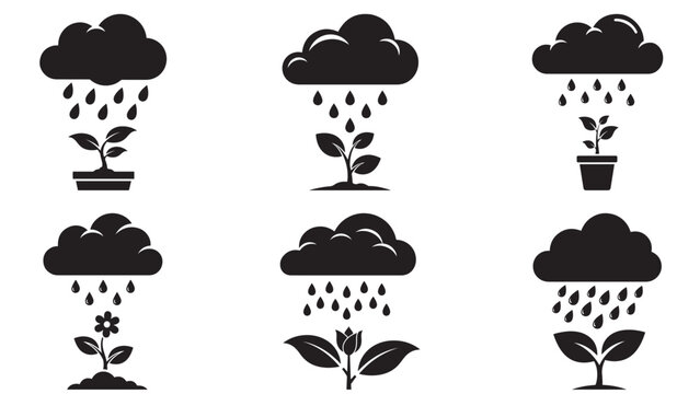 Rain Cloud Watering Single Plant Icon Sheet &mdash; Black Solid Symbol Representing Localized Rain Irrigation And Sustainable Gardening Watering