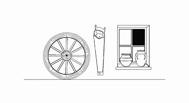 Spoked wheel, saw, and pots in a divided window frame on a shelf