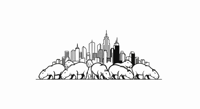 A group of capybaras are resting in front of a stylized city skyline
