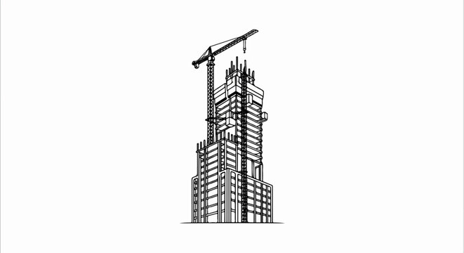 Wireframe sketch of a tall building under construction with a crane