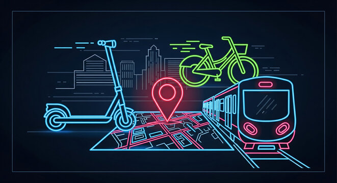 Neon Glow Illustration of Urban Mobility Options and GPS Pin on Map