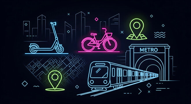 Neon Line Art of Urban Mobility Options Against Dark Cityscape