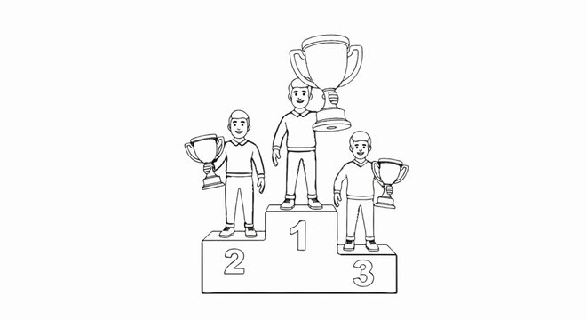 Three smiling figures stand on a podium, holding trophies