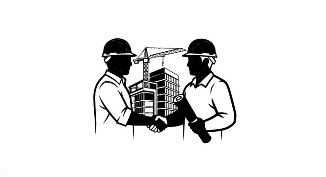 Two builders in hard hats shake hands in front of a building and crane
