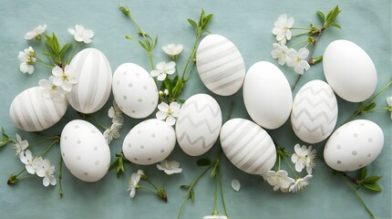 Obraz premium A collection of decorated white easter eggs surrounded by flowers and foliage on a soft blue background viewed from above