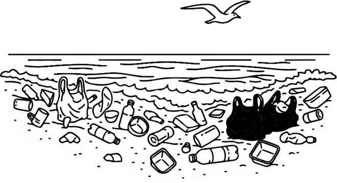 Ocean shore littered with plastic waste, a bird flies overhead