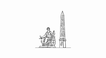 Obraz premium Line art of a seated classical figure holding scrolls near an ancient Egyptian obelisk