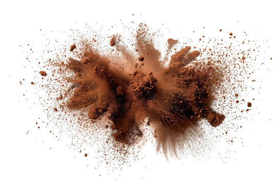 Cocoa powder exploding, splashing chocolate dust and fine particles creating a dynamic impact, transparent background