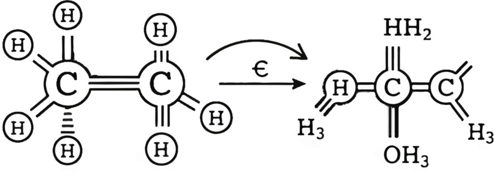 Chemical reaction schematic showing two molecules, carbon, and hydrogen atoms