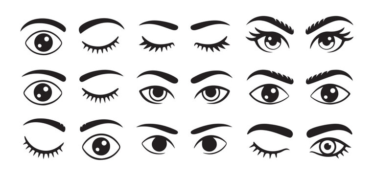 Manga style female eye expressions collection including winking plus blinking eyes with various eyebrows