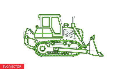 Construction Bulldozer Outline Vector Illustration with Green Lines on White Background © gan