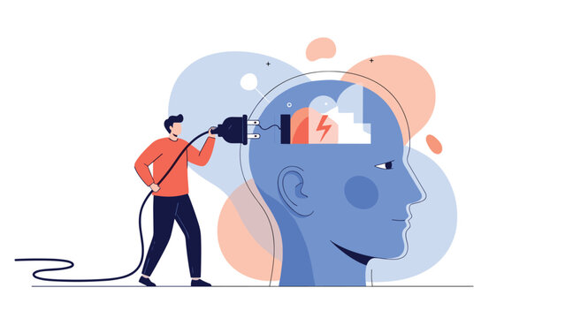 Conceptual flat illustration showing a man plugging a power cord into a giant human head to symbolize recharging the brain.
