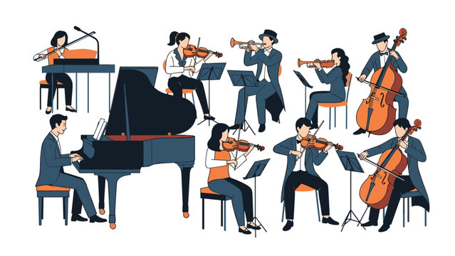 Full orchestra of musicians in formal attire is shown playing instruments like grand piano, violins, trumpets, and cellos.