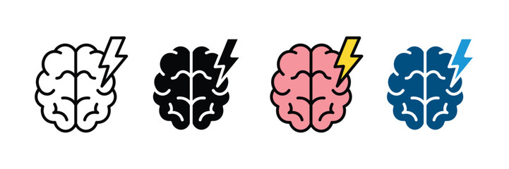 Obraz premium Brainstorming and mental energy icon set. Human brain with lightning bolt for creative thinking and inspiration symbol. Vector Illustration.
