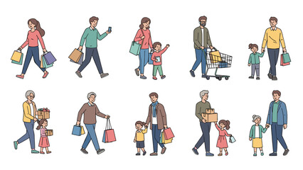 Naklejka premium Set of diverse people and families walking and carrying various shopping bags after a successful retail therapy session.