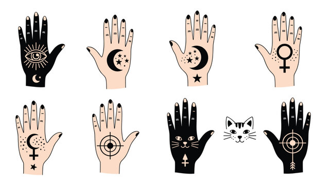 Selection of human hands featuring various mystical and celestial symbols like moons, stars, eyes, and targets in black ink.