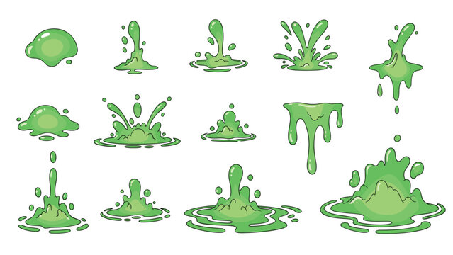 Various shapes and forms of green slime splashes and drips showing toxic or biological liquid motion in a cartoon style.