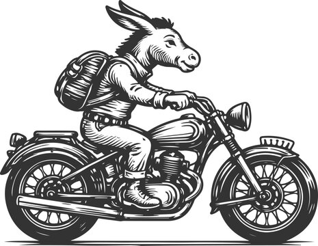 Donkey Riding Motorcycle Vintage Engraving Vector Illustration