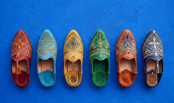 ​Colorful traditional Moroccan leather slippers (Babouche) on a blue textured background, Moroccan culture and handicraft concept