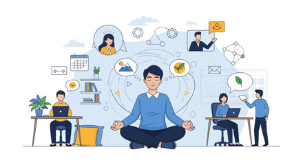 Naklejka premium Mindfulness and Work-Life Balance in a Busy Office Environment. Zen Meditation for Focus, Productivity, and Stress Management.
