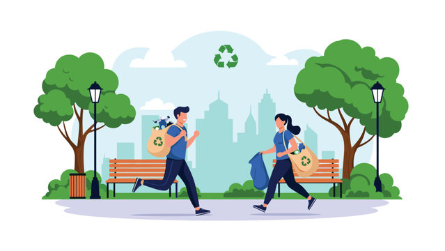 Man and woman plogging in a city park, jogging while picking up litter and putting it into recycling bags for the environment.