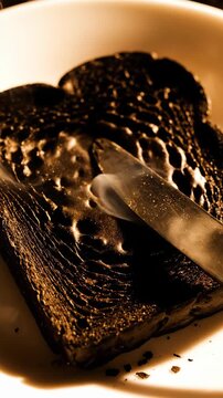 Burnt toast with rising smoke and a knife