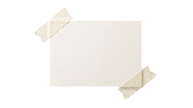 Blank white paper note card taped with masking tape corners on light background, minimal mockup for message, reminder, copy space, flat lay