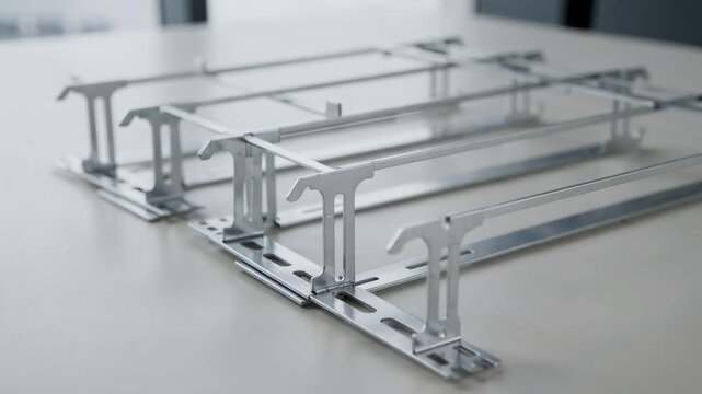 Medium shot of light gauge diecut hanging folder frames showcasing delicate notched supports for efficient file hanging systems in office environments.