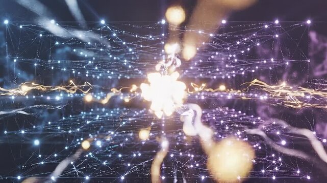 An abstract 3D animation of a glowing digital lattice structure with
