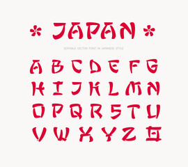 Japan - font type template in hieroglyphs calligraphy style . Alphabet letters in Japanese style. Asian style Chinese or Japanese font type typography. Editable vector
