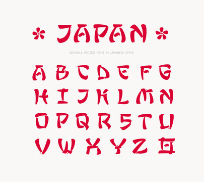 Japan - font type template in hieroglyphs calligraphy style . Alphabet letters in Japanese style. Asian style Chinese or Japanese font type typography. Editable vector
