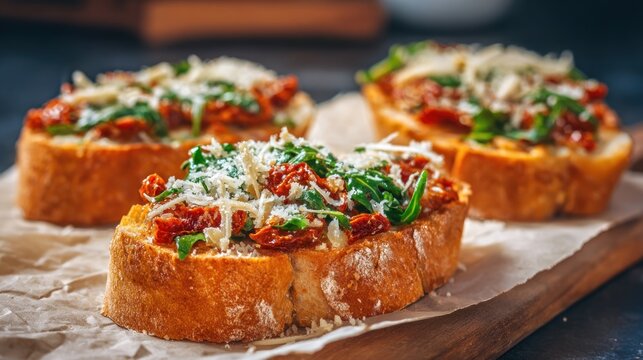 Close up of toasted bread slices with toppings on wooden surface