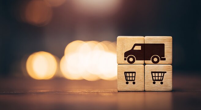 Wooden blocks display truck. Shopping delivery online concept.