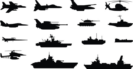 Military vehicle silhouettes set including fighter jets helicopters tanks and warships army navy air force vector illustration collection © Rayhan