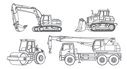 Heavy Construction Machinery Line Art - Excavator, Bulldozer, Roller, Crane © nad