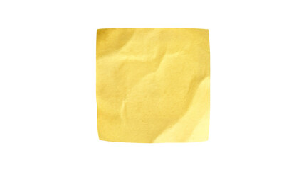 Single crumpled yellow paper note square isolated on white background, textured wrinkled sticky memo sheet for message, reminder, office stationery mockup