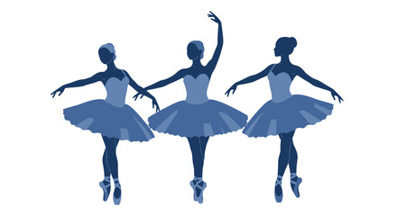Three ballet dancers in blue tutus and pointe shoes performing a graceful pose © nad