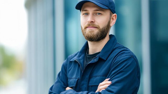 Confident male worker in blue uniform and cap with arms crossed outside modern building