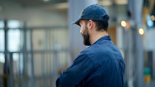 Smiling bearded man in blue work uniform and cap with arms crossed in a modern industrial setting