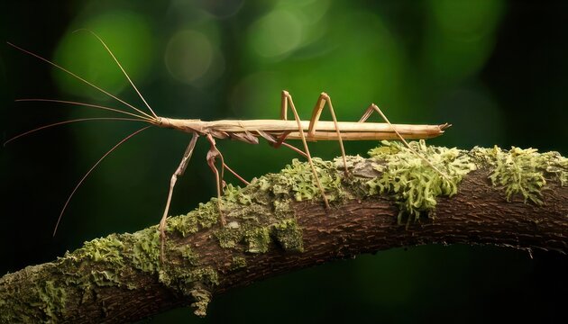 Camouflaged Stick Insect on Mossy Branch in Lush Greenery.