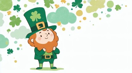 Fototapeta premium Leprechaun with green hat and clover with shamrock and cloud on white background