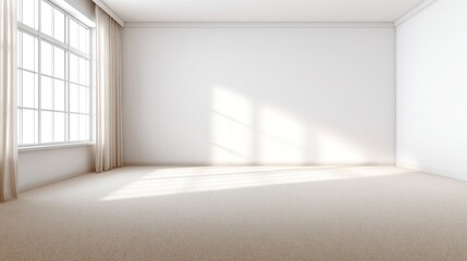 Empty room with large window and beige carpet