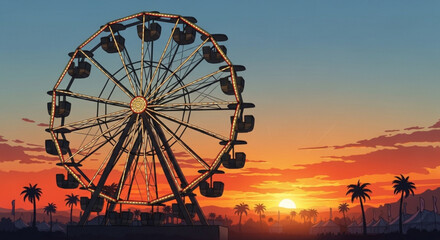 Ferris wheel at sunset with palm trees in the background amusement park scene
