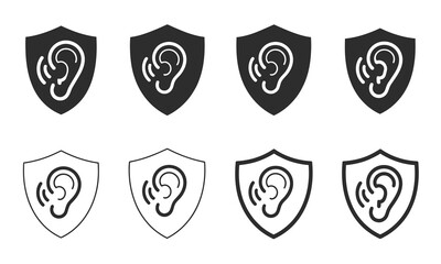 Obraz premium Eight Black Shield Icons with Stylized Ear Symbols and Sound Waves, vector illustration set featuring hearing, audio protection, and sound-related graphics, isolated flat icons ideal for accessibility