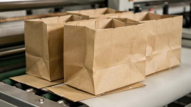Dynamic medium shot of square base multiwall bags formed by an efficient bottomer machine showcasing clean folds and secure gluing in packaging production.