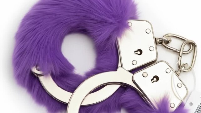 A pair of fluffy purple handcuffs with metal hardware