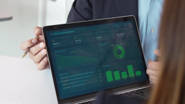 Business colleagues discussing carbon neutral dashboard and sustainability metrics on a laptop during an office meeting.