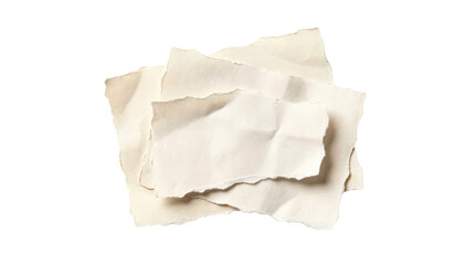 Obraz premium Stack of torn beige paper sheets with rough ripped edges isolated on white background, textured blank scrap paper for collage, mockup, design overlay